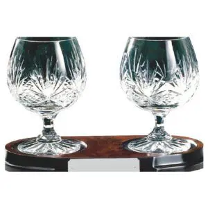 Two Crystal Brandy Balloon Glasses On Wood Stand (24% Lead Crystal)