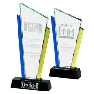 Clear Glass Stand With Blue & Yellow Trim