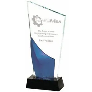 Heavy Blue & Clear Glass Award With Black Stand