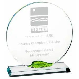 Clear Glass Round Award With Green Leaf