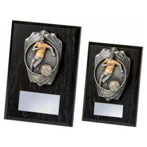 Antique Silver Male Footballer Black Wood Plaque