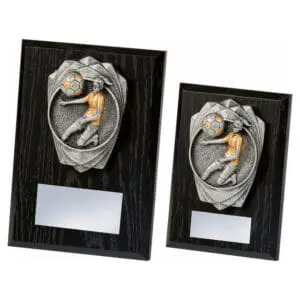 Antique Silver Female Footballer Black Wood Plaque